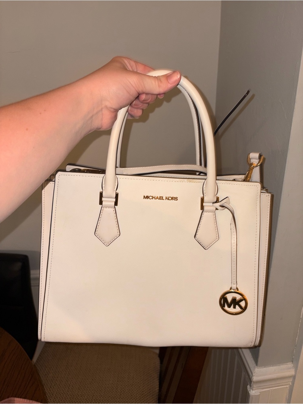 MICHAEL KORS Cream Leather Structured Sheila Satchel with Gold MK Charm